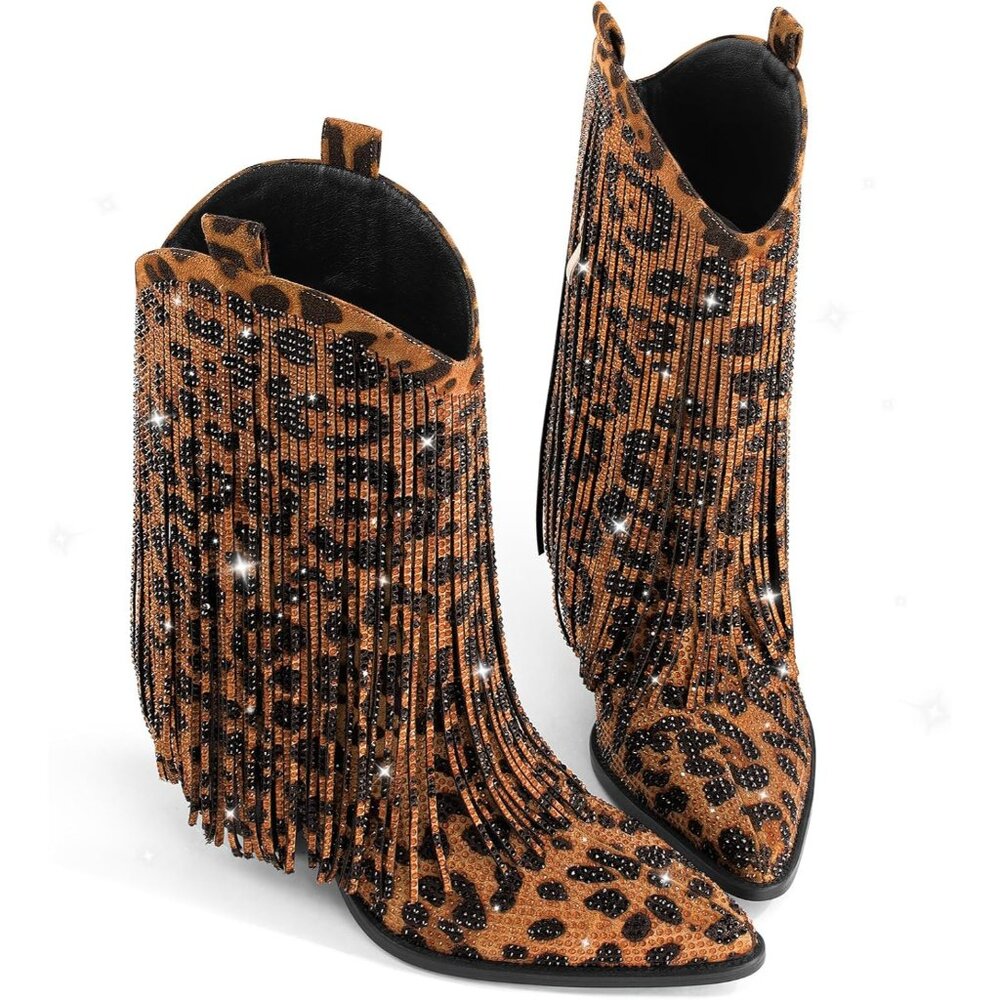 Women's Leopard Cowgirl Rhinestone Wide Calf Pointed Toe Chunky Stylish Boot - Picture 5 of 6